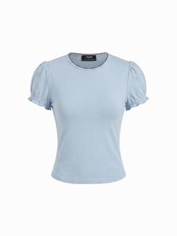 Cider - Contrast Stitch Women Ruched Puff Sleeve Tee Blue