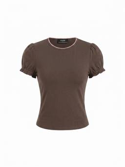 Cider - Contrast Stitch Women Ruched Puff Sleeve Tee Brown