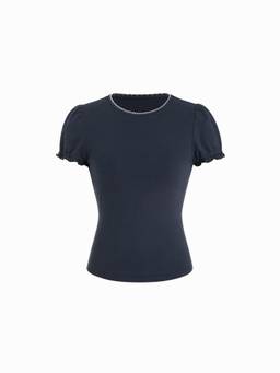 Cider - Contrast Stitch Women Ruched Puff Sleeve Tee Navy Blue