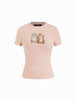 Cider - Cotton Blend Women's Cat Graphic Crew Neck T-Shirt Peach