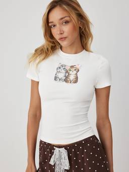 Cider - Cotton Blend Women's Cat Graphic Crew Neck T-Shirt White