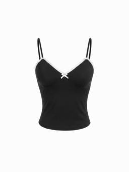 Cider - Cotton Blend Women’s V-Neck Lace Trim Ruched Cami Top Black