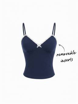 Cider - Cotton Blend Women Lace Trim Ruched V-Neck Cami Top Navy Blue