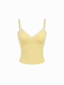 Cider - Cotton Blend Women V-Neck Lace Trim Ruched Cami Top Yellow