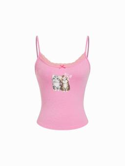 Cider - Pointelle Women's Cat Graphic U-Neck Lace Trim Cami Top Pink