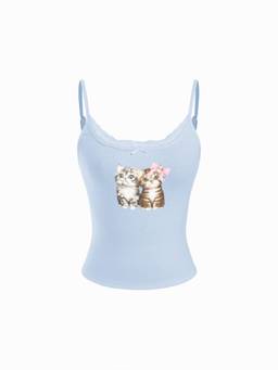 Cider - Pointelle Women Cat Graphic U-Neck Lace Trim Cami Top Blue