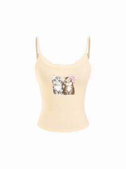 Cider - Pointelle Women's Cat Graphic U-Neck Lace Trim Cami Top Yellow