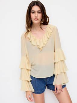 Cider - Chiffon V-Neck Ruffled Tiered Sleeve Oversized Blouse Cream