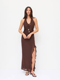 Cider - Chiffon Women's Halter Neck Ruffled Straight Maxi Dress Brown