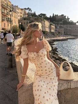 Cider - Satin Floral Women's Sweetheart Puff Sleeve Maxi Dress Peach