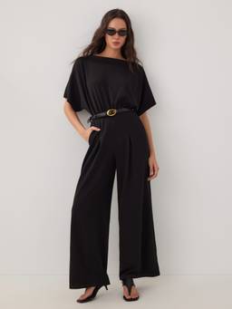Cider - Batwing Belted Women's Boat Neck Wide-Leg Jumpsuit Black