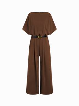 Cider - Batwing Belted Women's Boat Neck Wide-Leg Jumpsuit Brown
