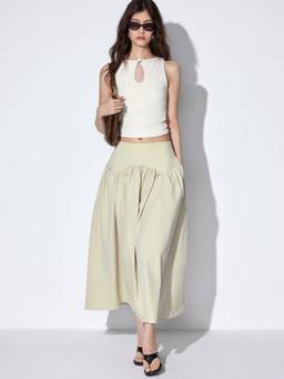 Cider - Ruched Flared Women's Low Rise Maxi Skirt Pale Green