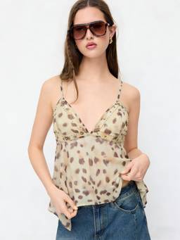 Cider - Leopard Women's Rhinestone V-Neck Asymmetrical Cami Top Khaki