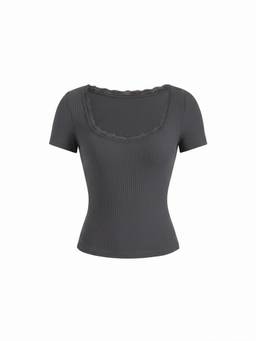 Cider - Textured Women’s Slim Scoop Neck Lace Trim Crop Top Dark Grey