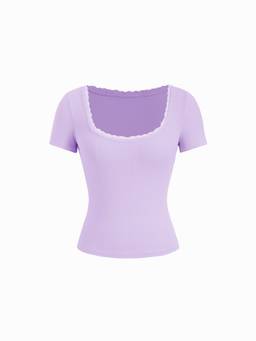 Cider - Textured Women’s Scoop Neck Lace Trim Crop Top Purple