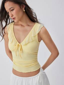 Cider - Ruffled Bowknot Women's Ruched V-Neck Tank Top Yellow