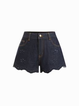 Cider - Denim Women's Low Rise Embroidered Floral Micro Shorts Dark denim