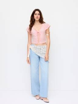 Cider - Lace Trim Women's Tie-Up V-Neck Flared Sleeve Top Pink