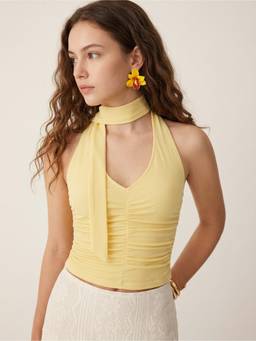 Cider - Textured Women Ruched Halter Neck Slim Top Yellow