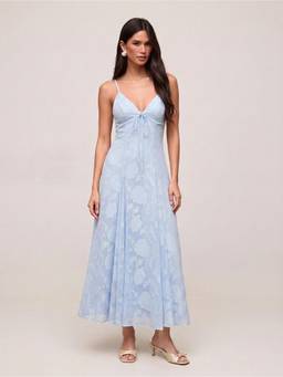 Cider - Jacquard Women's V-Neck Knotted Cami Flared Maxi Dress Baby Blue
