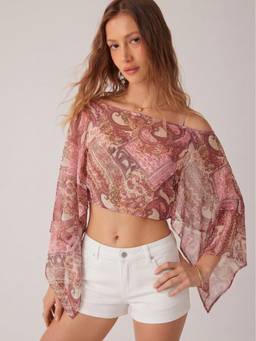 Cider - Chiffon Women's Paisley Print Boat Neck Cape Top Pink