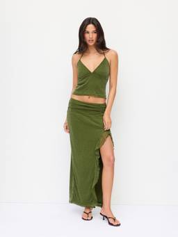 Cider - Metallic Mesh Women Halter Neck Skirt Set Green