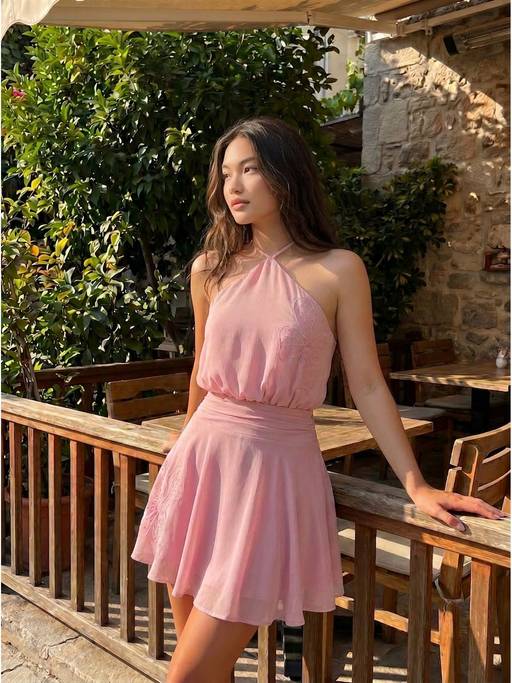 Buy Cider Chiffon Women's Halter Neck Rhinestone A-Line Mini Dress Pink (XXS) Online
