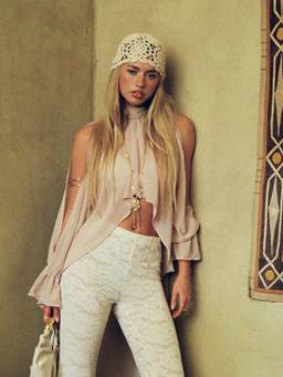 Cider - Chiffon Women's High Neck Cut-Out Puff Sleeve Blouse Beige