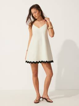 Cider - Linen-Blend Women’s V-Neck Contrast Hem A-Line Mini Dress Ecru