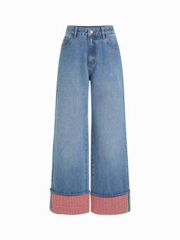 Cider - Washed Denim Women Gingham Wide-Leg Cropped Jeans Light Blue