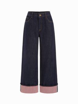 Cider - Washed Denim Women's Wide-Leg Oversized Cropped Jeans Navy Blue