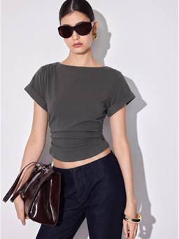 Cider - Cotton-Blend Women Ruched Boat Neck Short Sleeve Tee Dark Grey