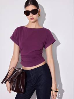 Cider - Cotton-Blend Women’s Ruched Boat Neck Tee Purple