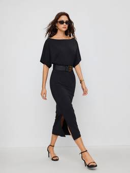 Cider - High Stretch Women Boat Neck Batwing Sleeve Maxi Dress Black
