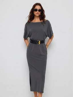 Cider - High Stretch Women's Boat Neck Batwing Sleeve Maxi Dress Dark Grey
