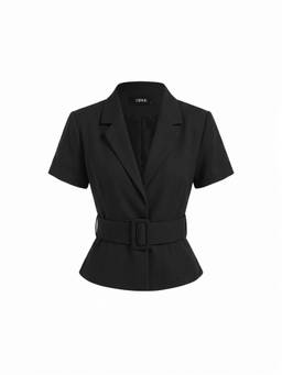 Cider - Peplum Belted Women's Short Sleeve Blazer Black