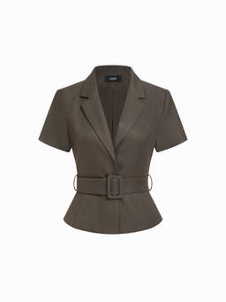 Cider - Peplum Belted Women's Shoulder Pad Blazer Coffee