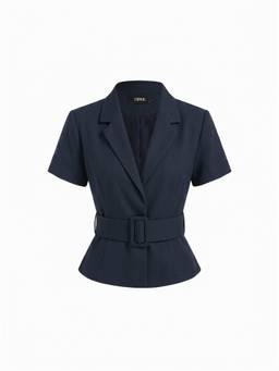 Cider - Peplum Women's Belted Short Sleeve Blazer Navy Blue
