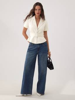 Cider - Peplum Belted Women's Shoulder Pad Blazer White