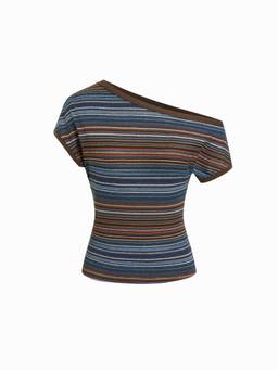 Cider - Striped Women's Asymmetrical Neck Short Sleeve Top Blue