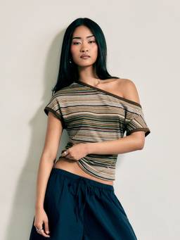 Cider - Striped Women's Asymmetrical Neck Short Sleeve Top Brown