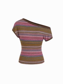 Cider - Striped Women’s Asymmetrical Neck Short Sleeve Top Pink