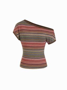 Cider - Women's Striped Asymmetrical Neck Short Sleeve Top Red