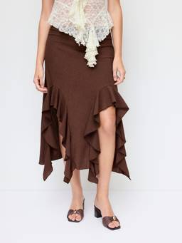 Cider - Ruffle Hem Women's Low Rise Layered Midi Skirt Brown