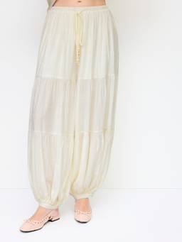 Cider - Chiffon Women's Low Rise Drawstring Beaded Harem Pants Beige