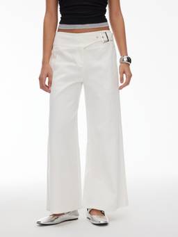 Cider - Cotton Women's Mid-Waist Metal Detail Wide-Leg Trousers White