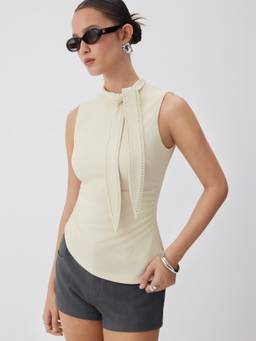Cider - Tie-Neck Women Ruched Sleeveless Tank Top White