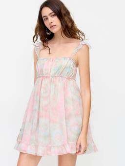 Cider - Chiffon Lace Women's Ruched Smocked Knee Length Dress Pink