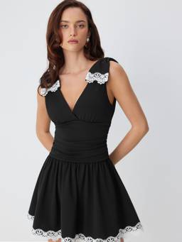 Cider - Lace Trim Women's V-Neck A-Line Mini Dress Black